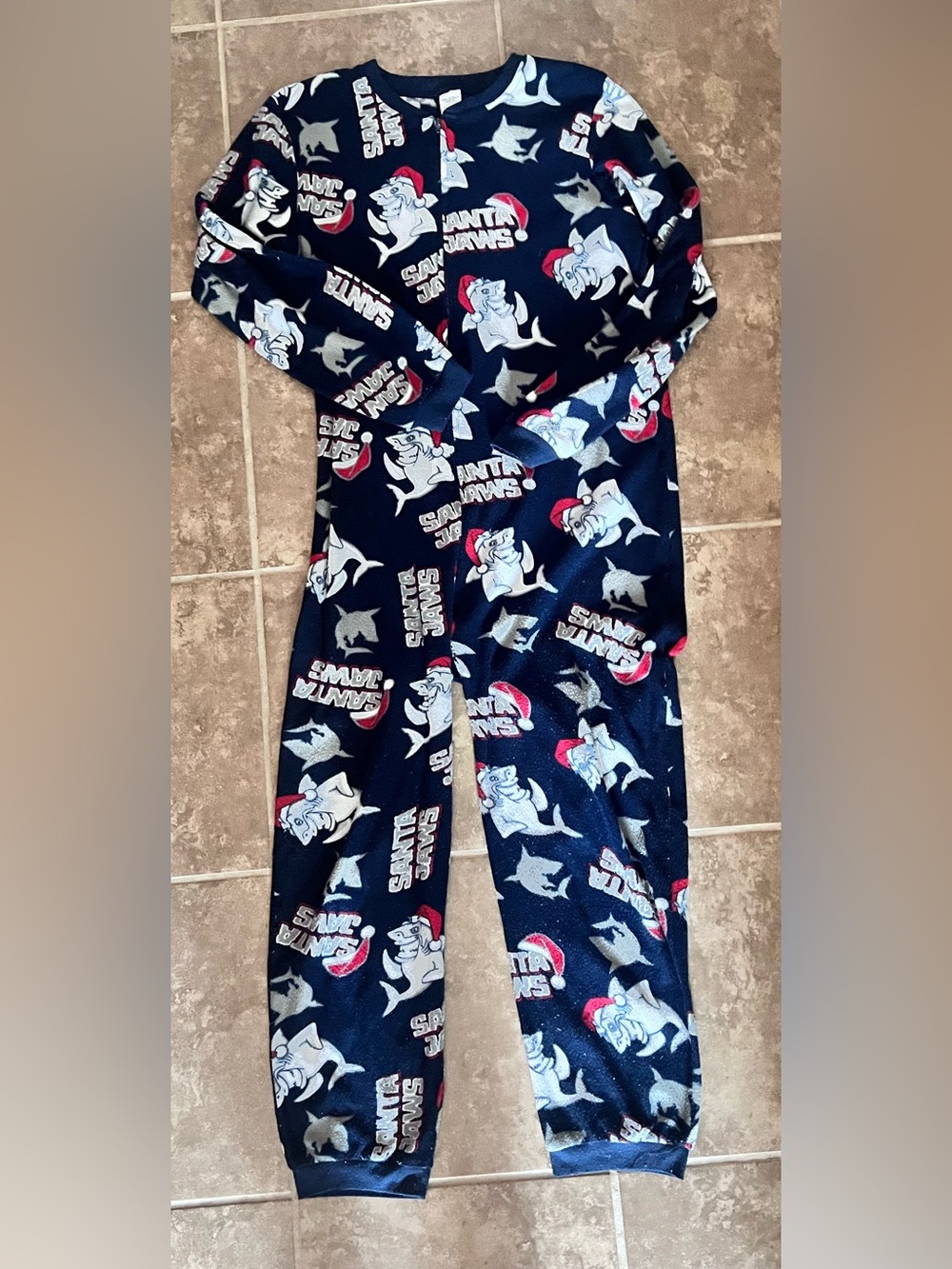 Arizona Jean Company Navy Blue Christmas Shark Graphic Zip-Up Pajama Onesie